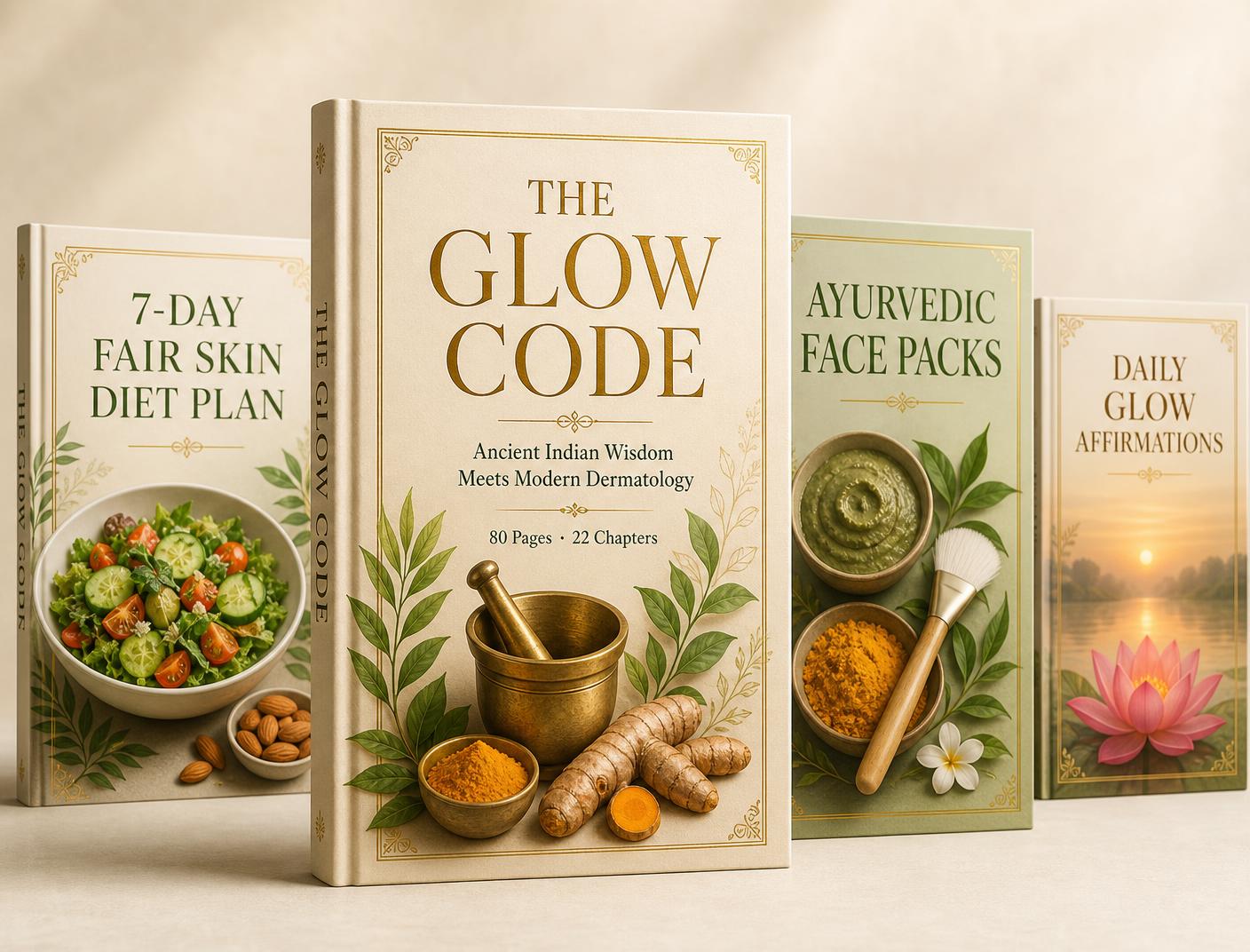 The Glow Code 80-page guide with its 3 bonuses: 7-Day Fair Skin Diet Plan, Ayurvedic Face Packs and Daily Glow Affirmations