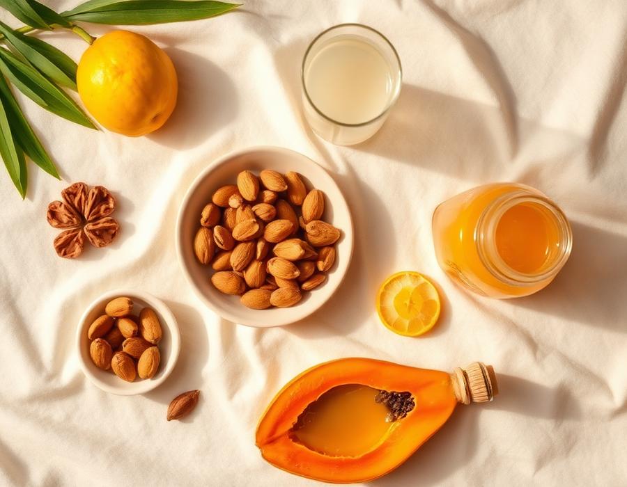 Almonds, amla, papaya, coconut water and ghee laid out on cream linen